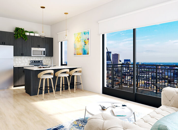an apartment living room rendering looking out to the skyline